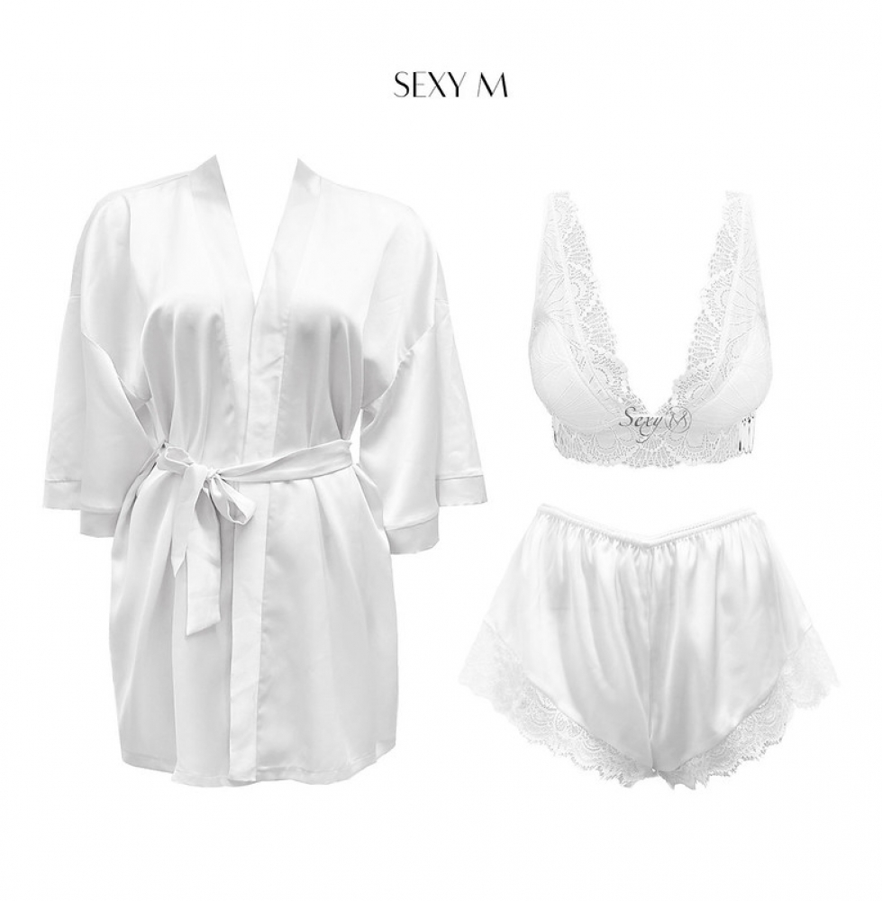 slqn03 set đồ ngủ lụa crop ren trắng